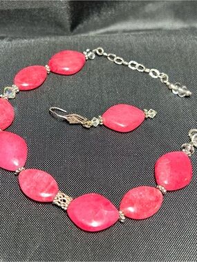 925 Pink Rhodonite Stone Bead Bracelet/ Made With Swarovski Crystal-w/ 1 Earring